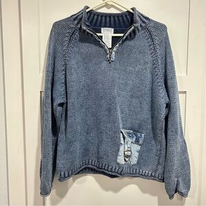 PBJ Blues Sweater Womens Large Blue Denim Pocket Elbow Patches Knit Pullover